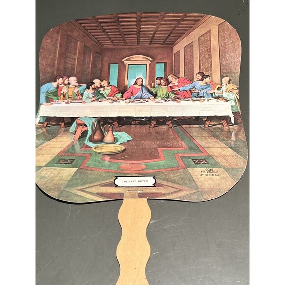 Vintage Church Cardboard & Wood Fan / The Last Supper 1950’s / Nostalgia 12” - Picture 3 of 8